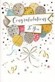 This congratulations card is designed like a joyful keepsake, radiating the same uplifting mood you might feel walking through Croydon on a day filled with good news. In the centre, a lively cluster of round balloons floats upward, each one illustrated in soft, luminous shades of gold, silver, champagne, sky blue, blush pink, and muted grey. The balloons overlap in a carefully balanced arrangement, reminiscent of a florist's eye for composition, with patterns that make each one unique-glittering stripes, tiny scattered stars, and subtle speckles that suggest shimmering textures, as if dusted with fine metallic dust. Thin strings in gold and silver trail gracefully downward, looping and curling together into a neat, sparkling tether that visually anchors the design like tied bouquet stems. Across the middle of the balloons, a curved banner stretches gently with the words "Congratulations To You" written in elegant, flowing calligraphy, giving the card a polished yet warmly personal feel. All around, small metallic stars and swirling ribbons are scattered over a light, softly tinted background, echoing the happy chaos of confetti tossed outside venues in central Croydon after a big achievement. The card seems to capture a moment of suspended celebration, full of pride, appreciation, and delight-perfect to pair with flowers for graduations, job offers, or milestone birthdays from Addiscombe to Waddon. It feels like something chosen with care by a local florist, intended to make the recipient feel truly seen, appreciated, and celebrated when they open it alongside a fresh, fragrant bouquet.